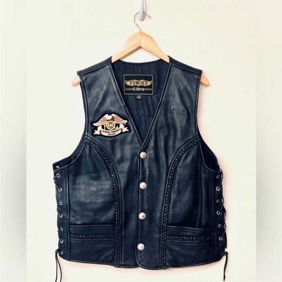 Unik Black Leather Vest with Lace-Up Sides, Braided Leather, HOG Patches LARGE - Picture 2 of 15
